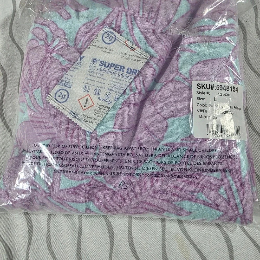 Lands End Girls Hooded Terry Swim Cover-Up Paradise Aqua Palm Foliage L 10-12